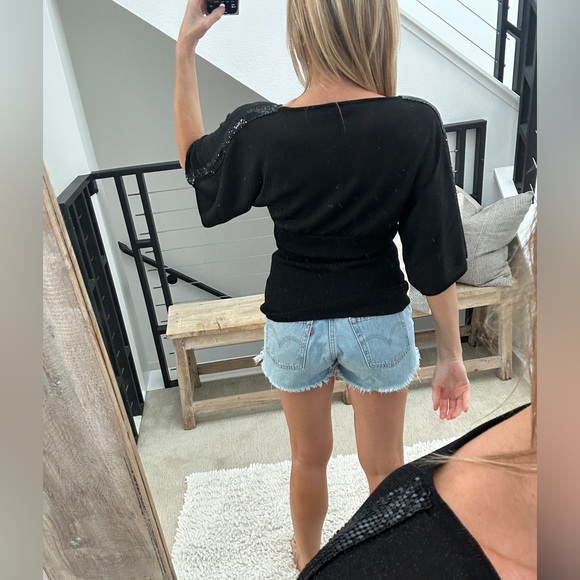 Belldini Black Deep V-Neck Batwing Sleeve Top Fitted Waist Ruched Blouse Size M - Picture 7 of 12